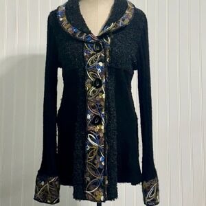Sioni Cardigan M Mixed Media Black Wool Mohair Blend Embroidered Shawl Collar